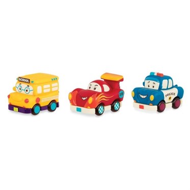 B. Toys 3'lü Mini Çek-Bırak Araba Seti - Okul Otobüsü/Yarış Arabası/Polis
