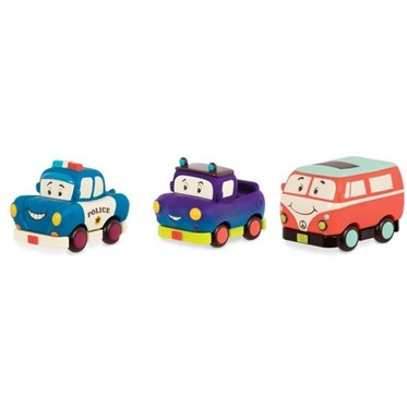B. Toys 3'lü Mini Çek-Bırak Araba Seti - Polis/Retro Van/Jeep